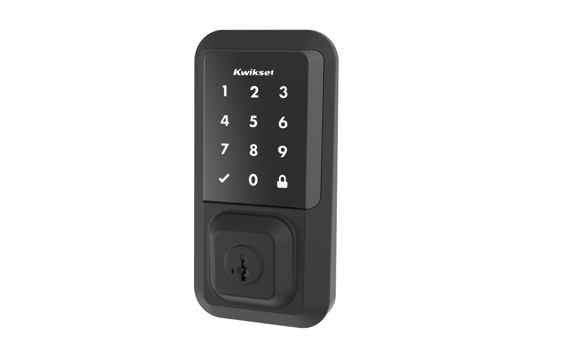 An all black keypad door lock with a transparent background